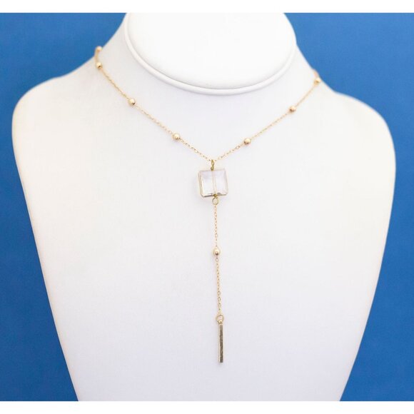 30 inch, Vintage Minimalist Clear Box Gold Tone Tassel Necklace - D9 - Picture 1 of 3